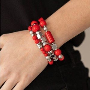 Red and silver layered stretch bracelet